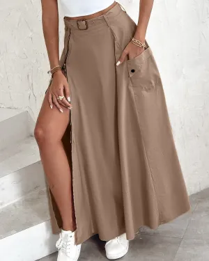 Adjustable Waistbelt Zipper High Slit Maxi A line Skirt