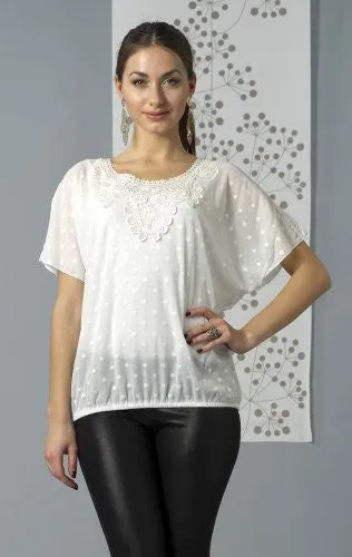 Bacci Clothing - Lace Chiffon Blouse, Short Sleeve Scoop Neck, Knitted Accents