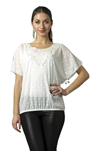 Bacci Clothing - Lace Chiffon Blouse, Short Sleeve Scoop Neck, Knitted Accents