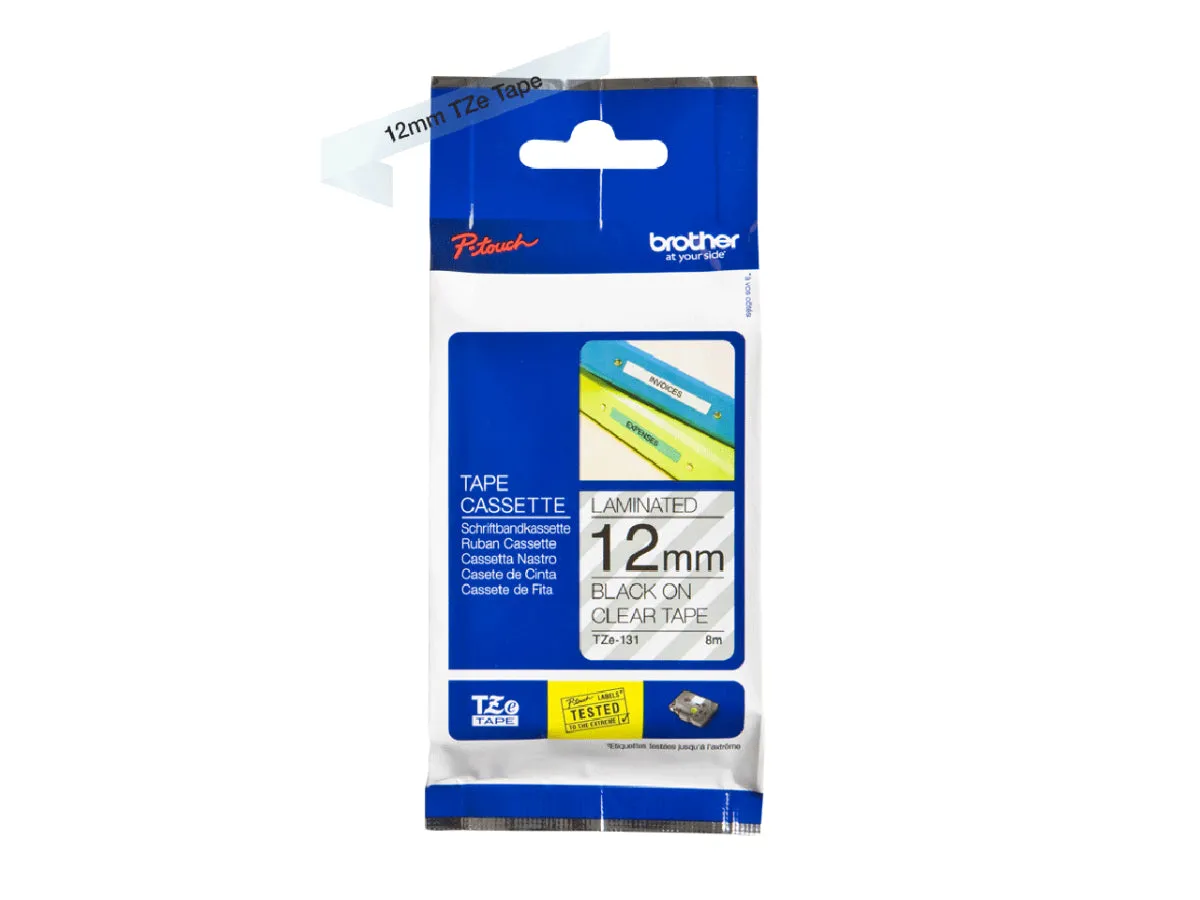 Brother P-touch 12mm TZ-131 Laminated Tape, 8 m, Black on Clear