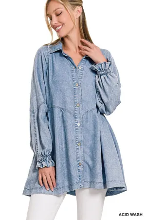 Chambray Shirt Mini Dress With Pockets