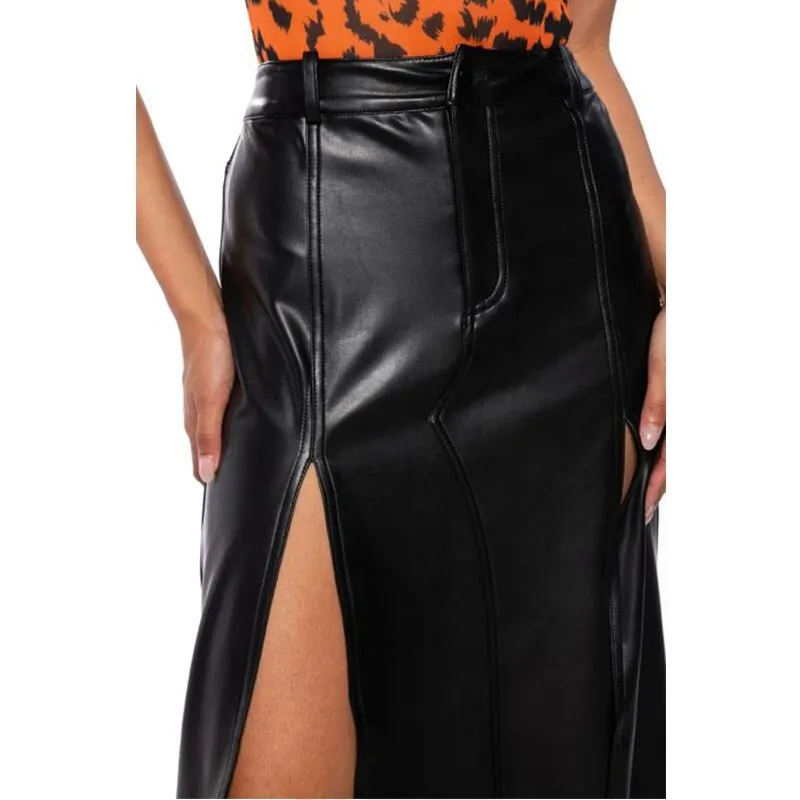 Chic Split Faux Leather Midi Skirt