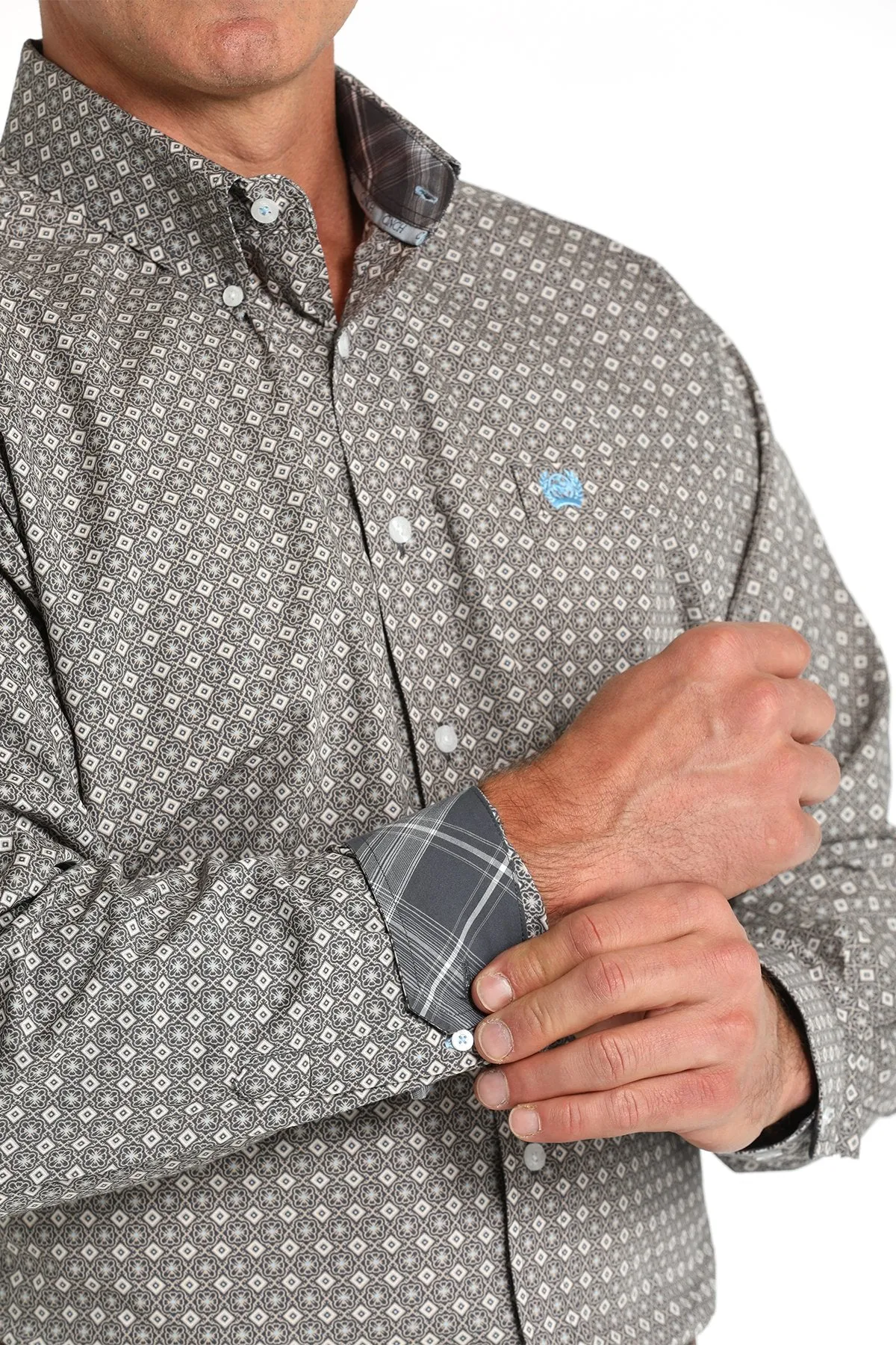 Cinch Mens Classic Medallion Print L/S  Button Down Shirt - Blue - MTW1105790