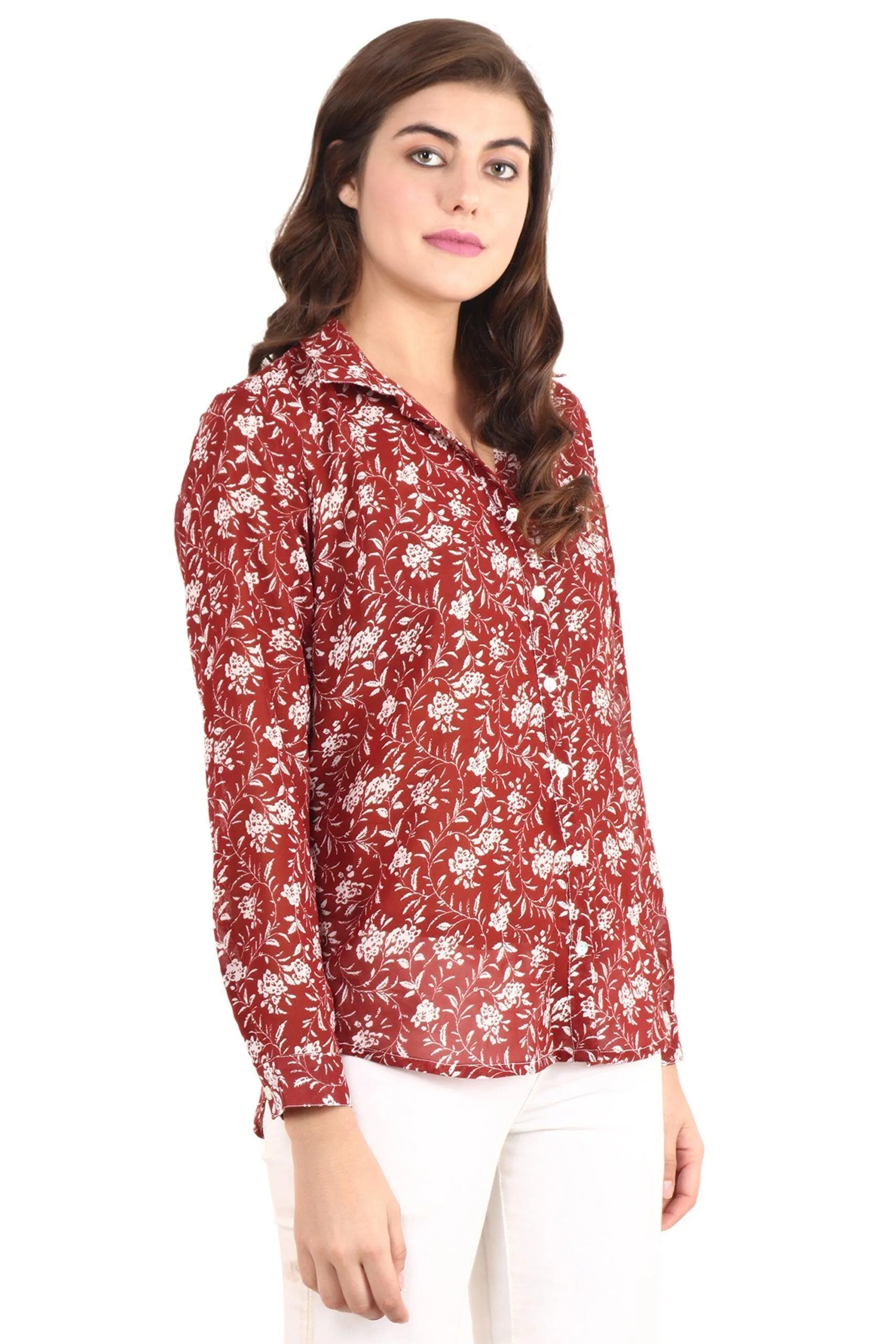 Dark Red Floral Printed Shirt