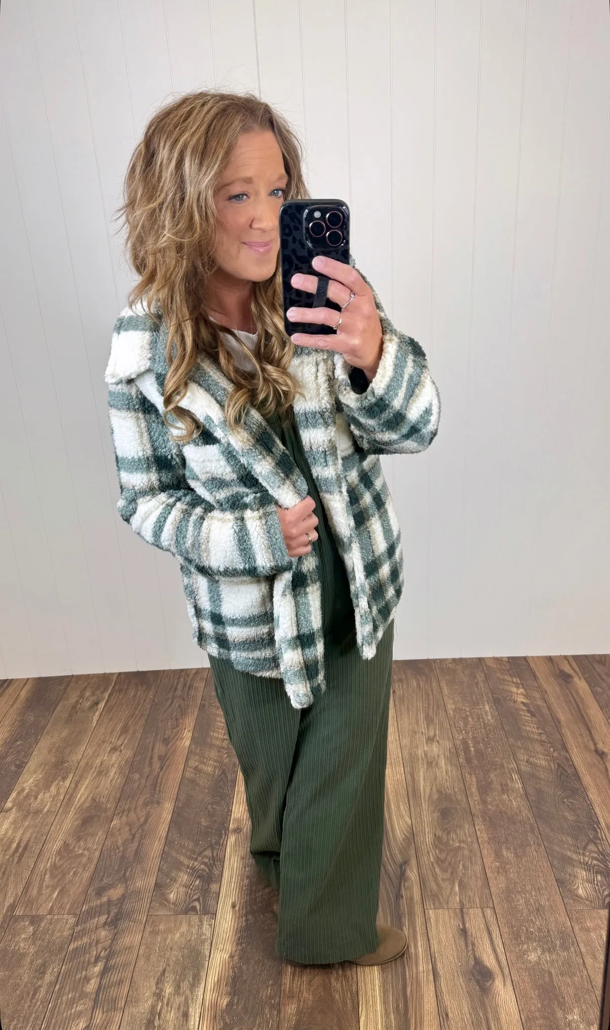 Green & Cream Plaid Sherpa Jacket