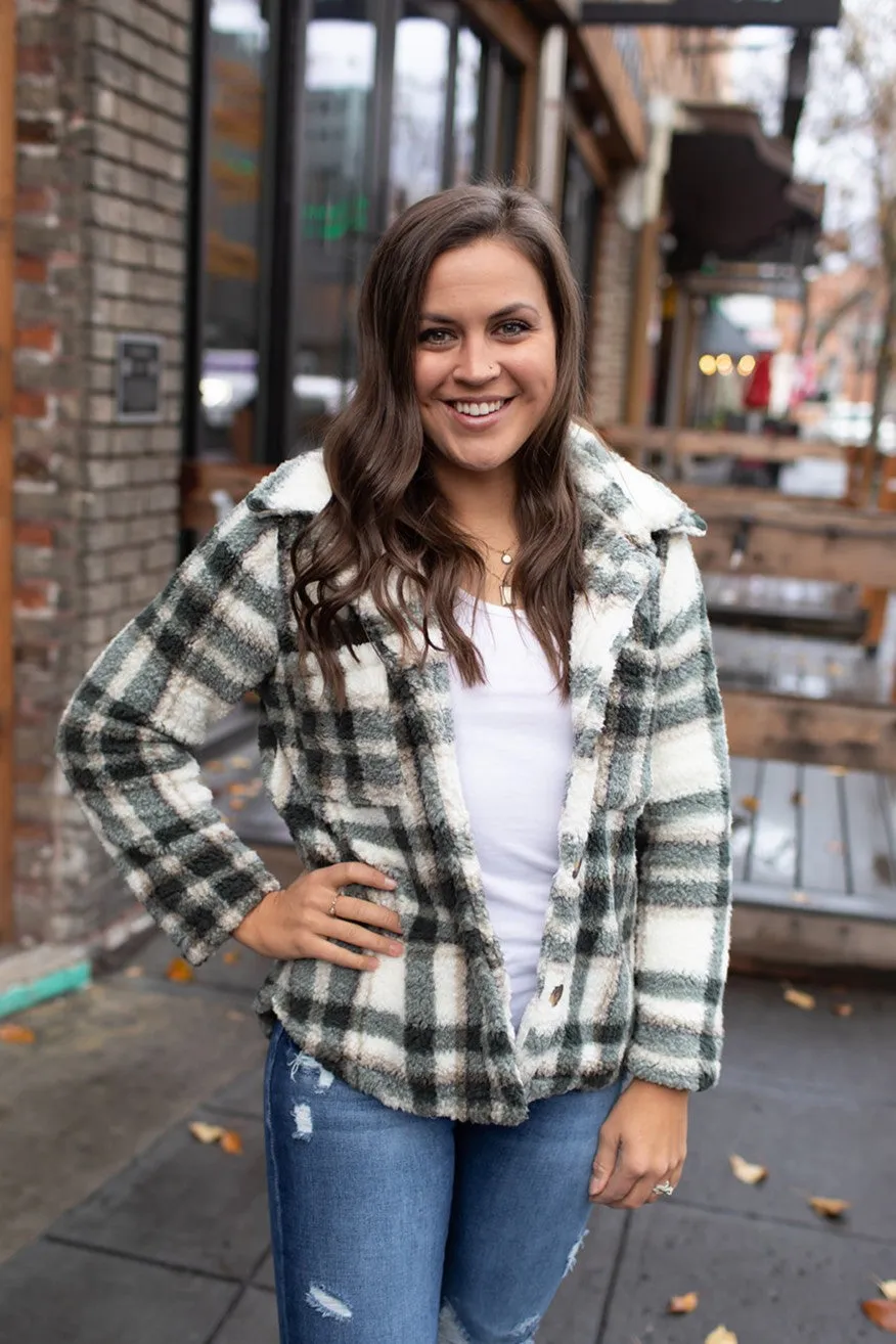 Green & Cream Plaid Sherpa Jacket