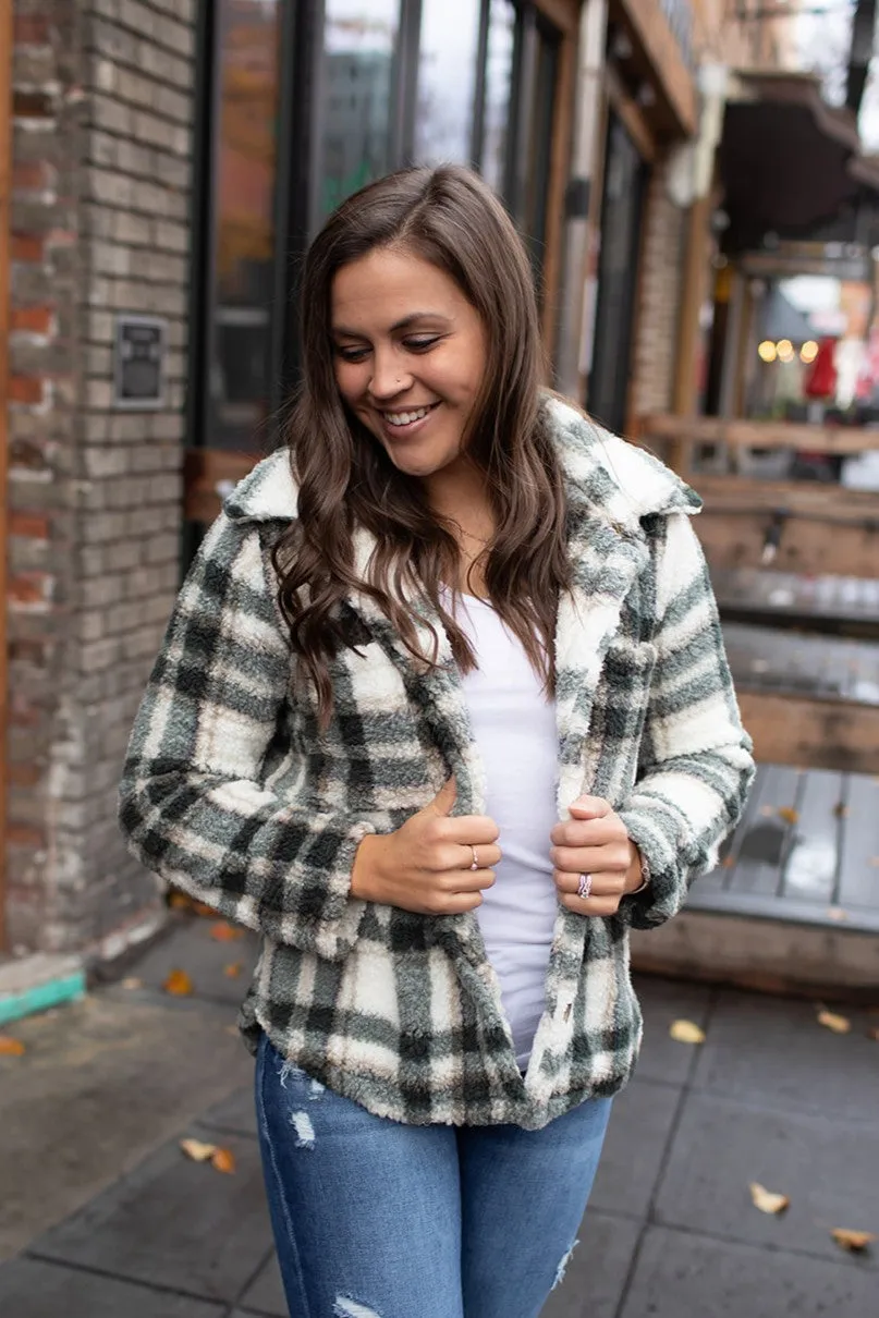 Green & Cream Plaid Sherpa Jacket