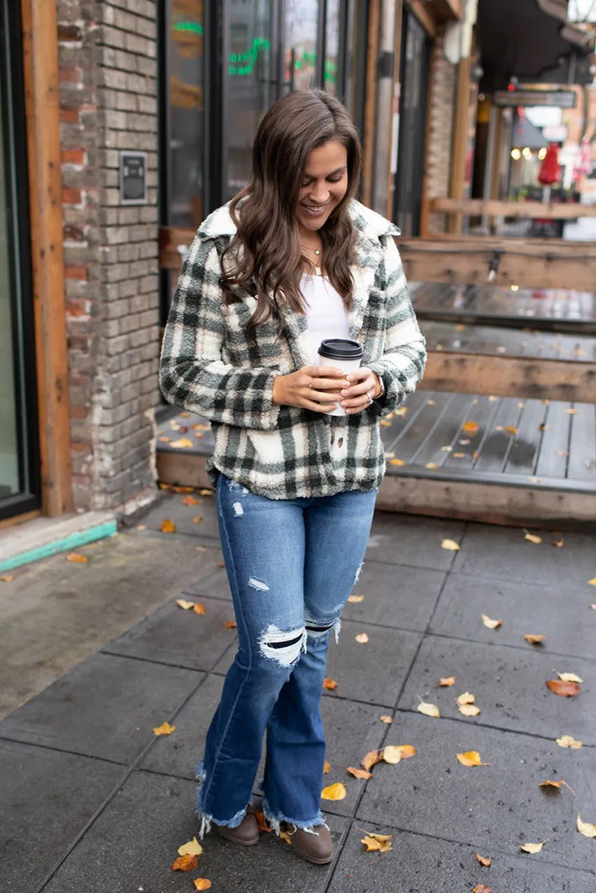 Green & Cream Plaid Sherpa Jacket