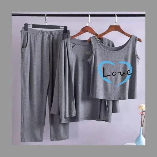 Heart Love Women Night Suit PJ 3 Pieces Set