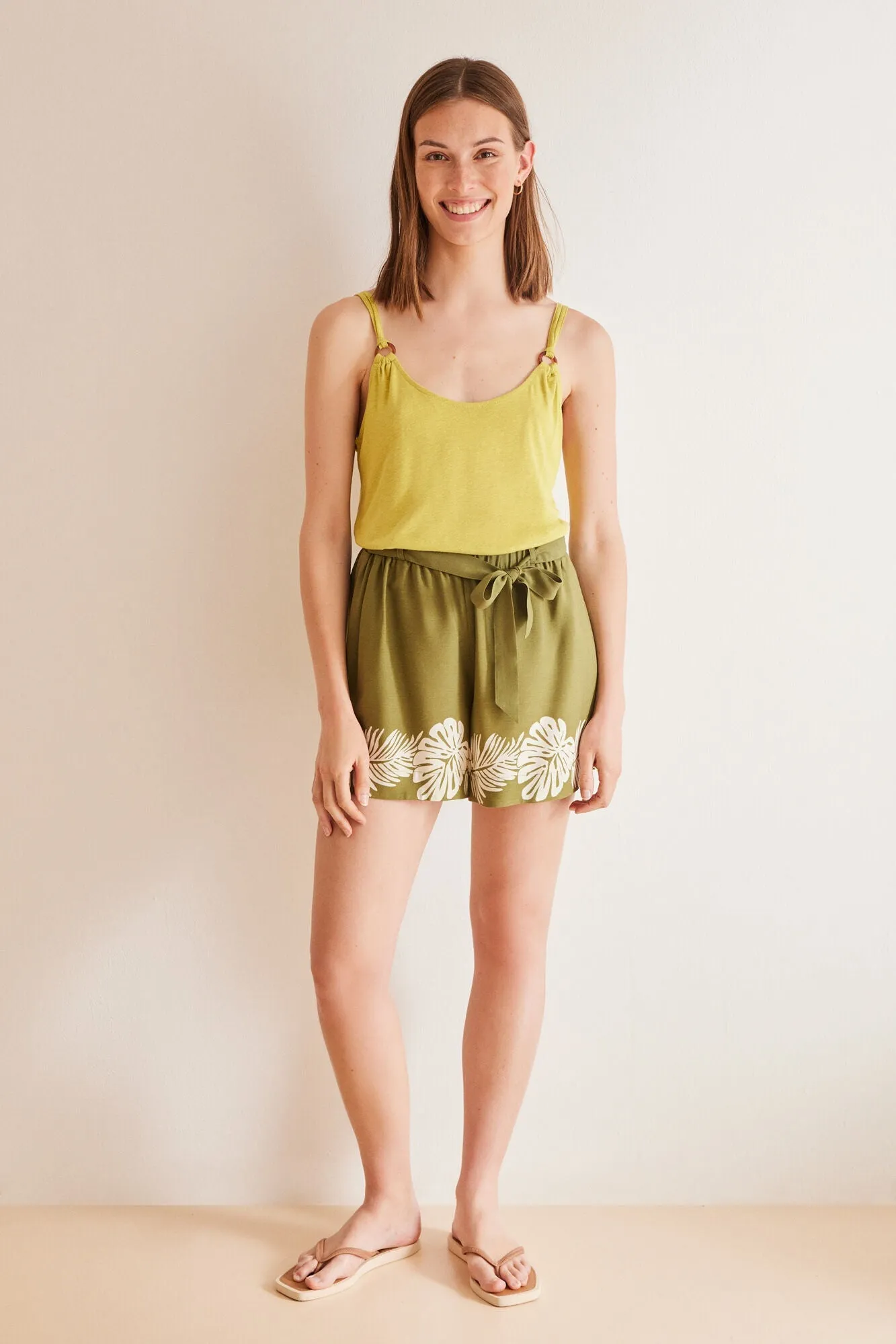 Leaf print khaki viscose shorts