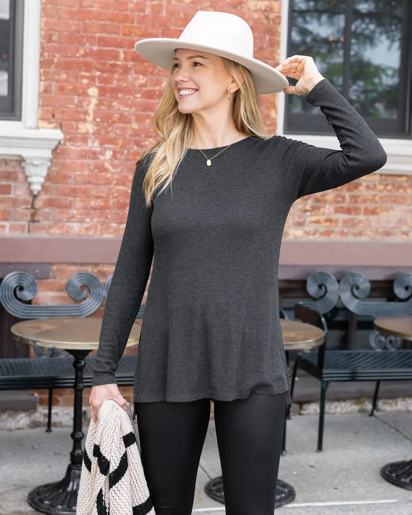 Long Sleeve Heathered Charcoal Tunic Tee
