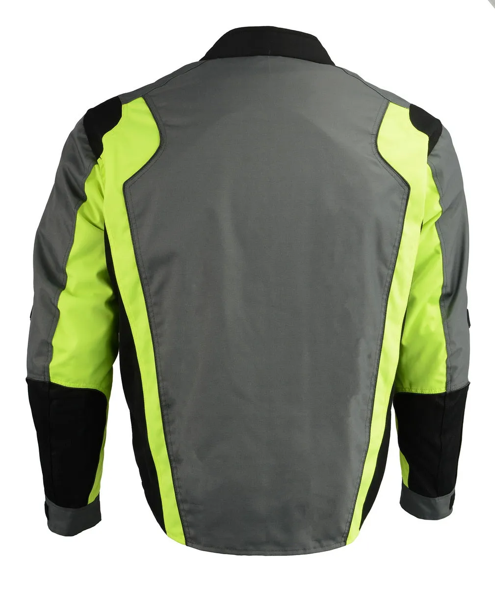 M Boss Motorcycle Apparel BOS11706 Men's Grey/Hi-Vis Green Nylon Motorcycle Racer Jacket with Armor Protection