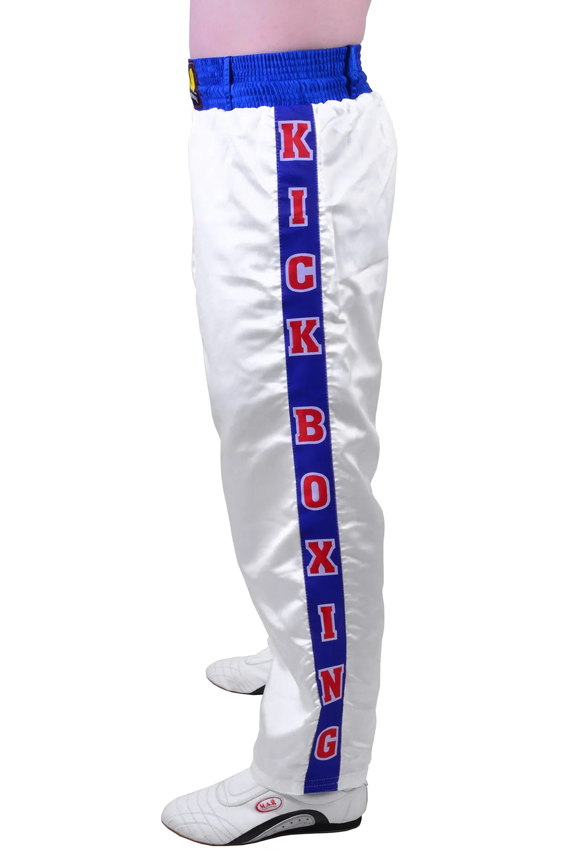 MAR-087D | White & Blue Kickboxing Trousers w/ Embroidered Writing