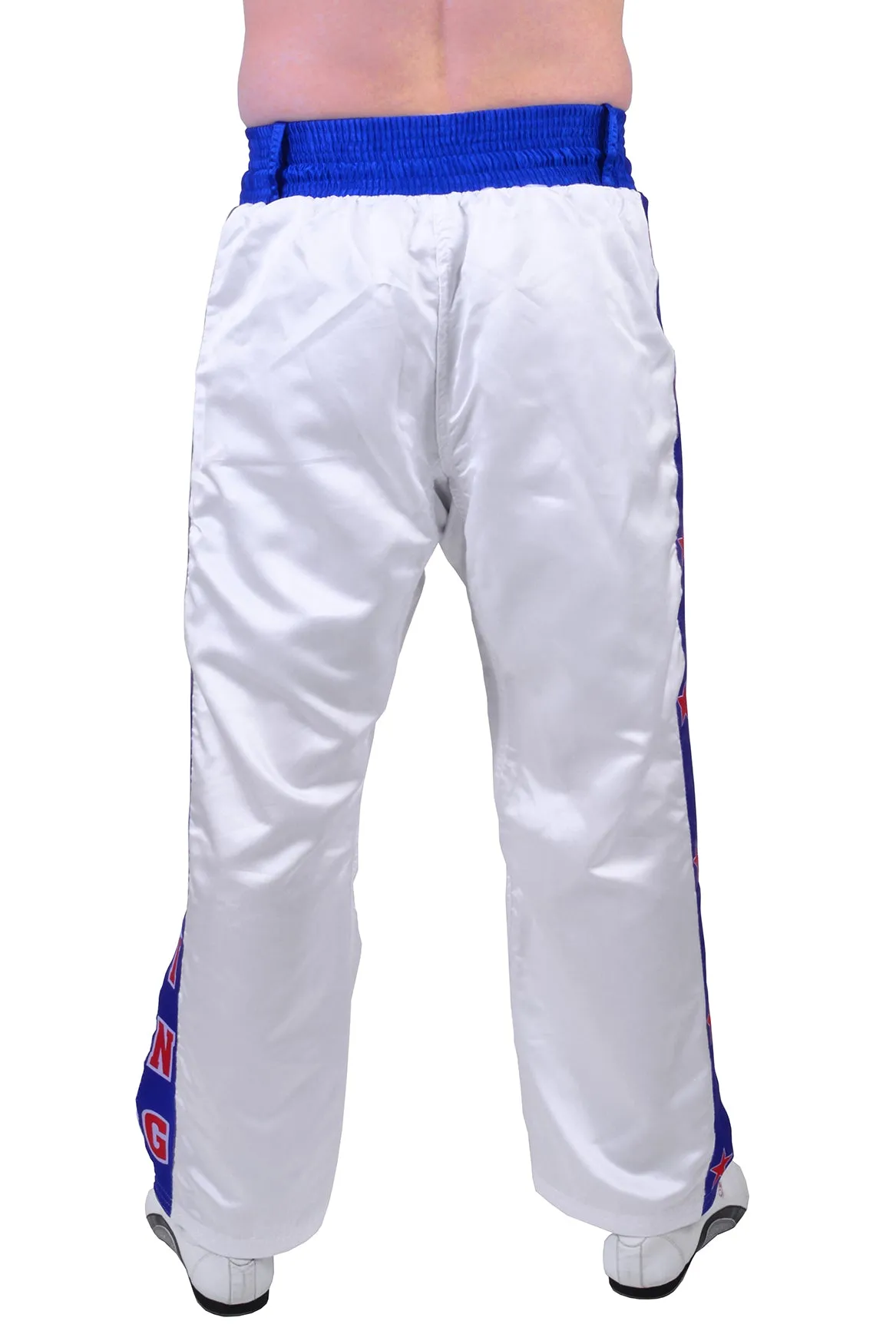 MAR-087D | White & Blue Kickboxing Trousers w/ Embroidered Writing