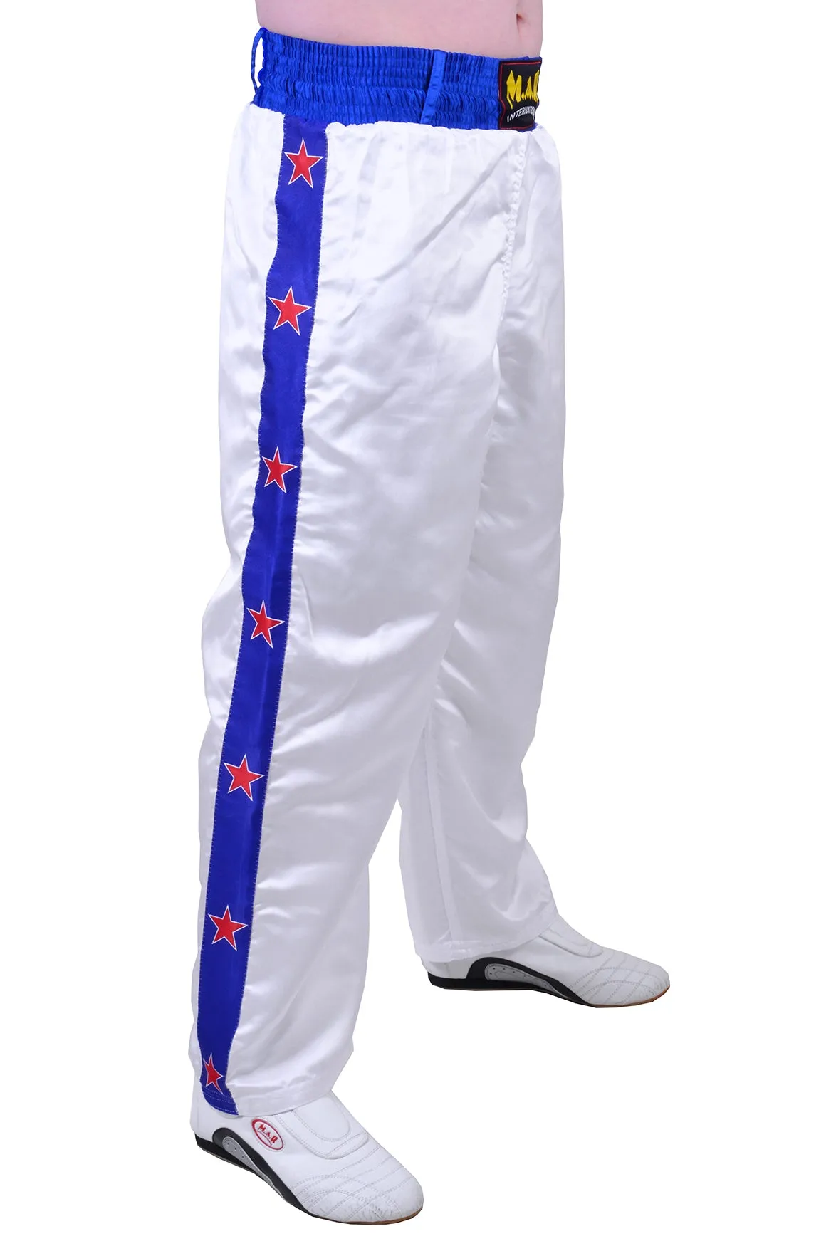 MAR-087D | White & Blue Kickboxing Trousers w/ Embroidered Writing