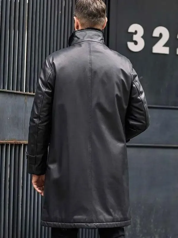 Men's Black Fur Leather Parkas Long Trench Coat