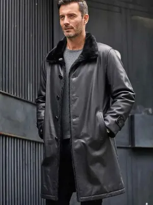 Men's Black Fur Leather Parkas Long Trench Coat