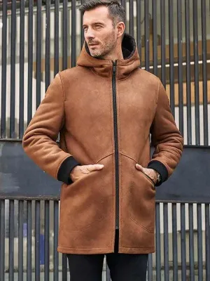 Men's Brown Sheepskin Shearling Fur Hooded Outwear Winter Overcoat Leather Jacket