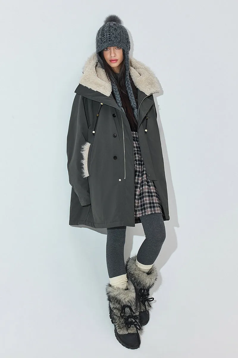 Mid-Length Hooded Parka Jacket with Faux Fur Trims