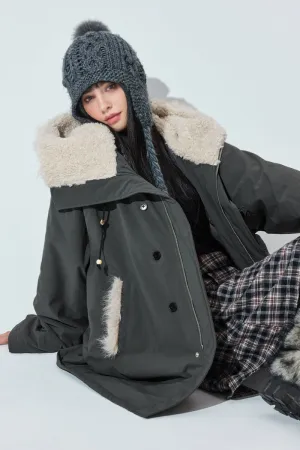 Mid-Length Hooded Parka Jacket with Faux Fur Trims