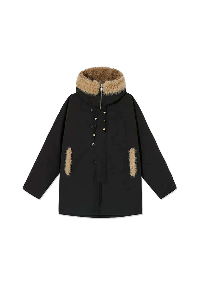 Mid-Length Hooded Parka Jacket with Faux Fur Trims