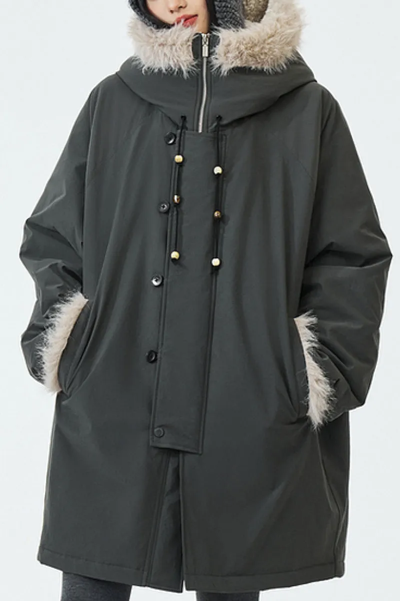 Mid-Length Hooded Parka Jacket with Faux Fur Trims