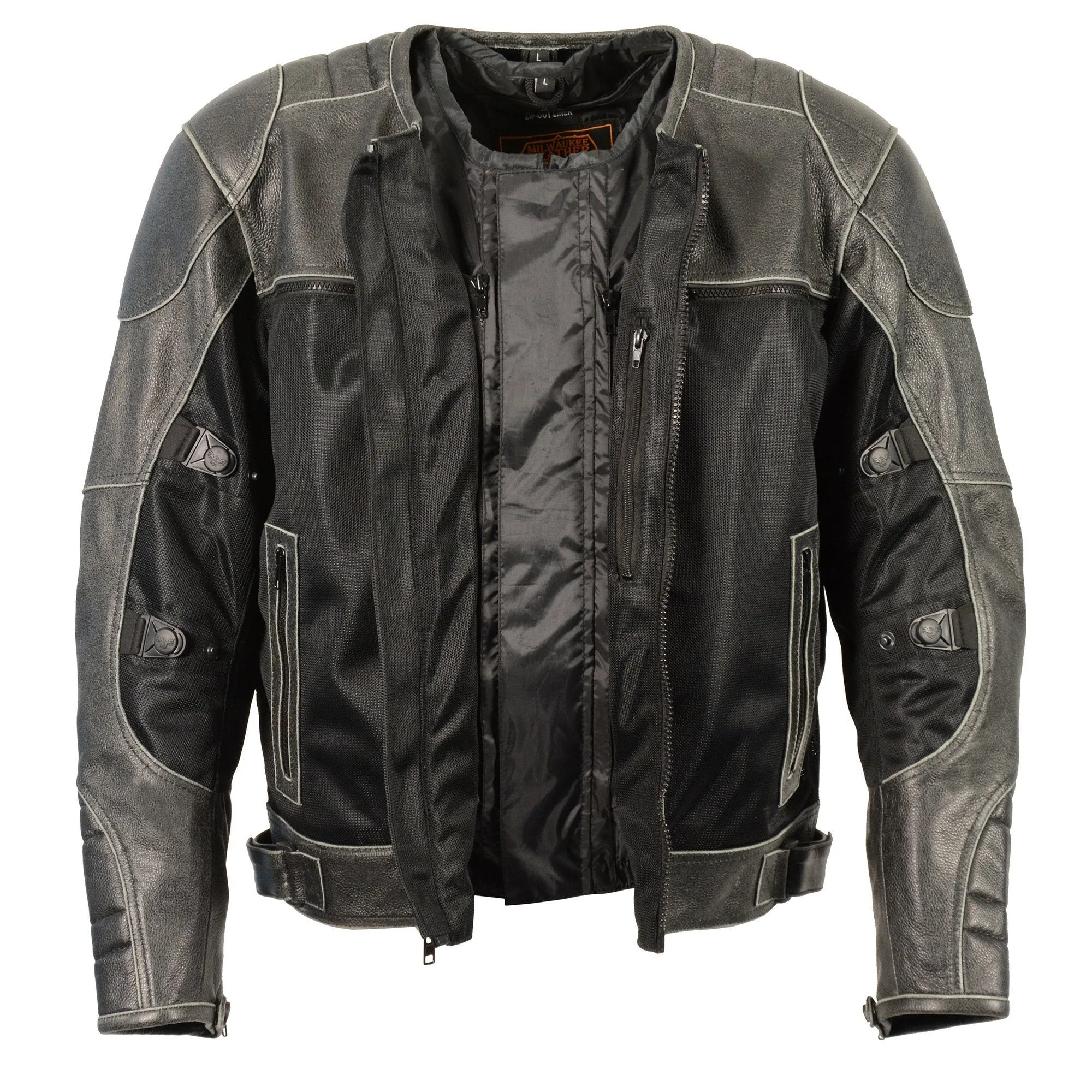 Milwaukee Leather MPM1796 Men's Armored Distressed Grey Leather and Mesh Racer Jacket