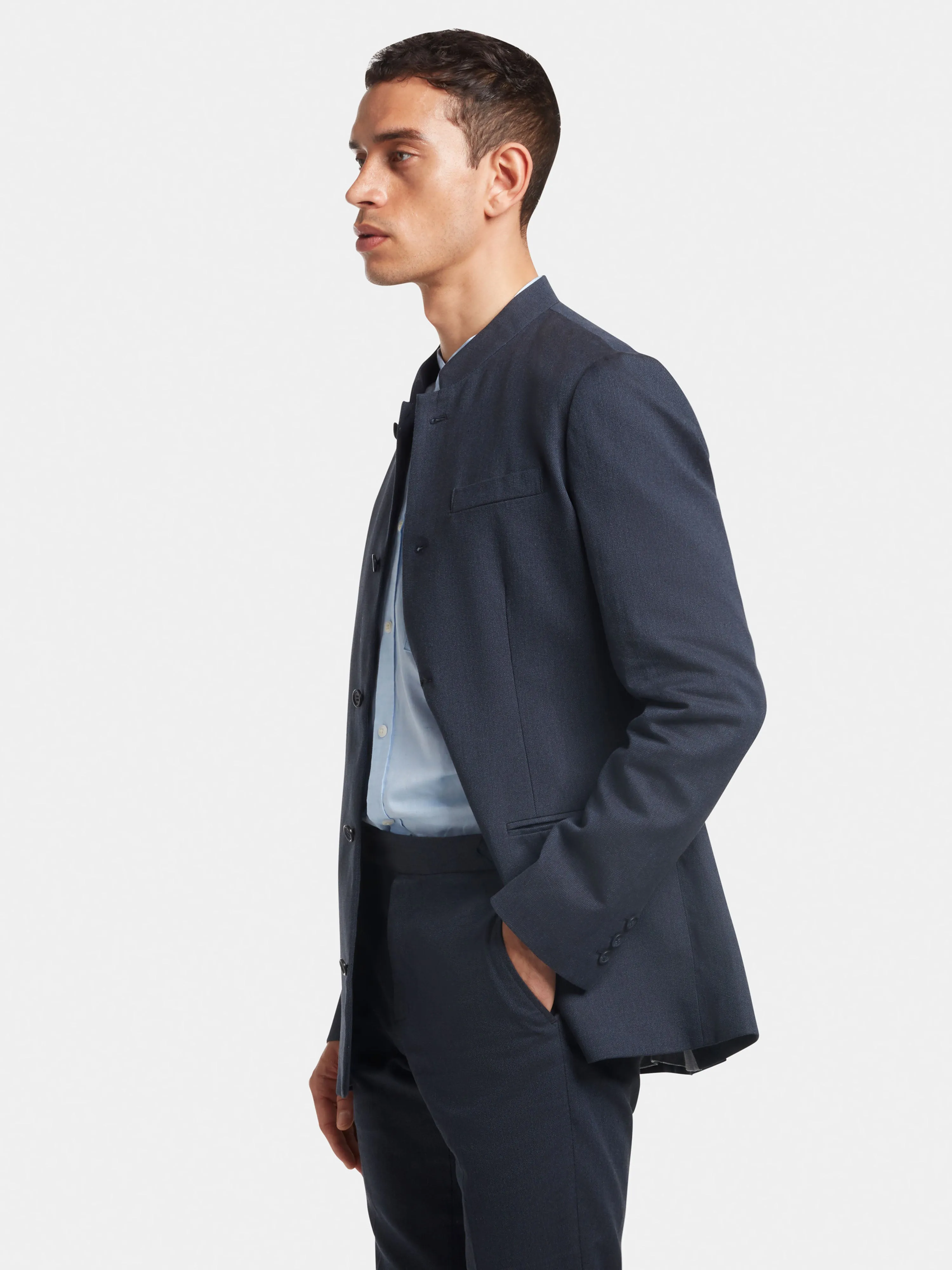 Navy Cotton Linen Nehru Jacket