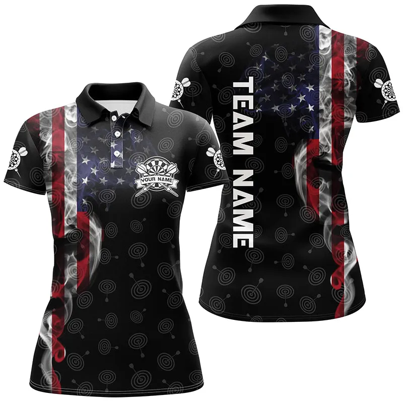 Personalized Smoke US Flag Dart Polo Shirts, Custom Patriotic Darts Shirts For Women Dart Polo