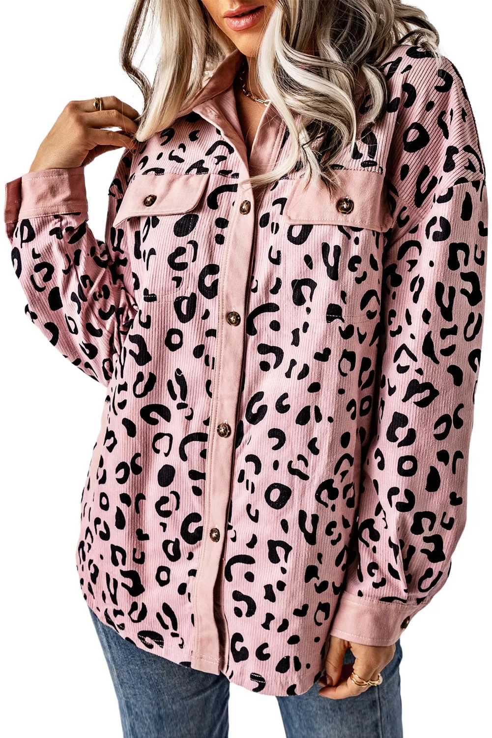 Pink Collared Neckline Flap Pockets Leopard Corduroy Jacket