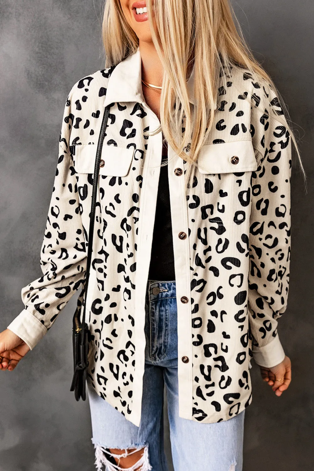 Pink Collared Neckline Flap Pockets Leopard Corduroy Jacket