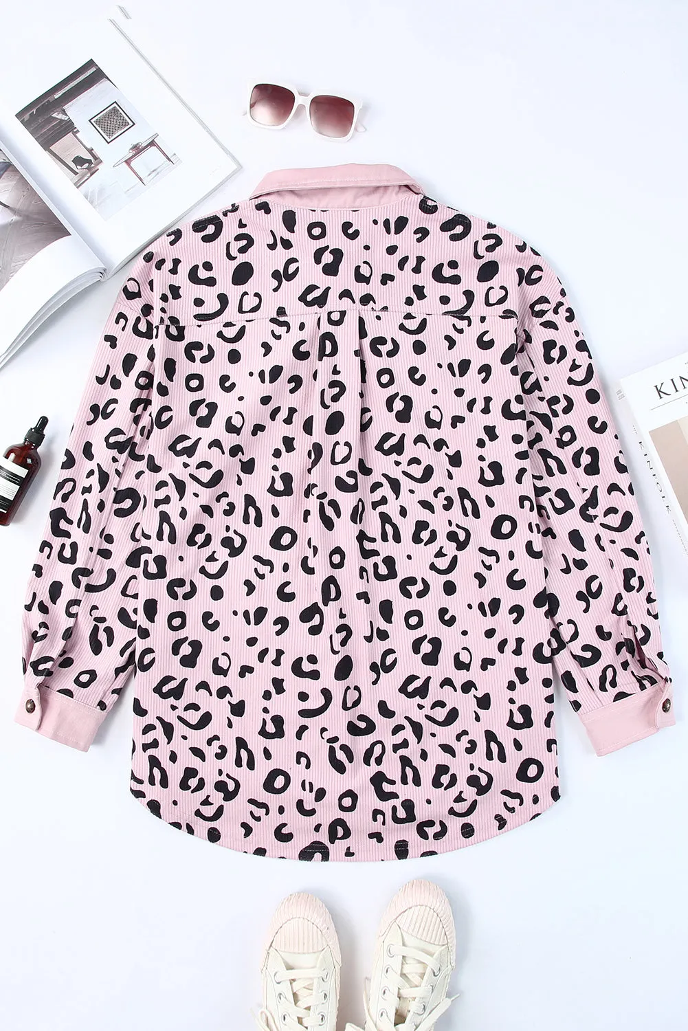 Pink Collared Neckline Flap Pockets Leopard Corduroy Jacket