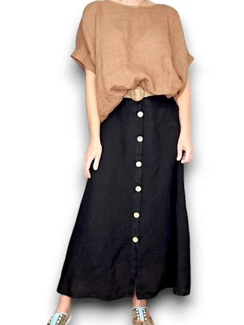 RAFFIA BELT COCONUT BUTTON LINEN MIDI SKIRT BLACK