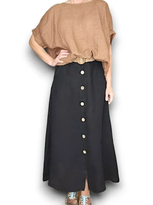 RAFFIA BELT COCONUT BUTTON LINEN MIDI SKIRT BLACK