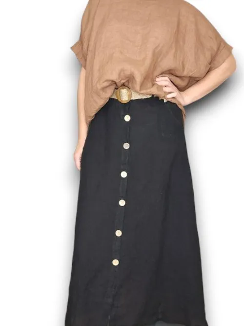 RAFFIA BELT COCONUT BUTTON LINEN MIDI SKIRT BLACK