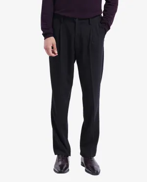 Rare Rabbit Men Branter Black Polyester Rayon Fabric Mid Rise Pleated Relaxed Fit Trouser