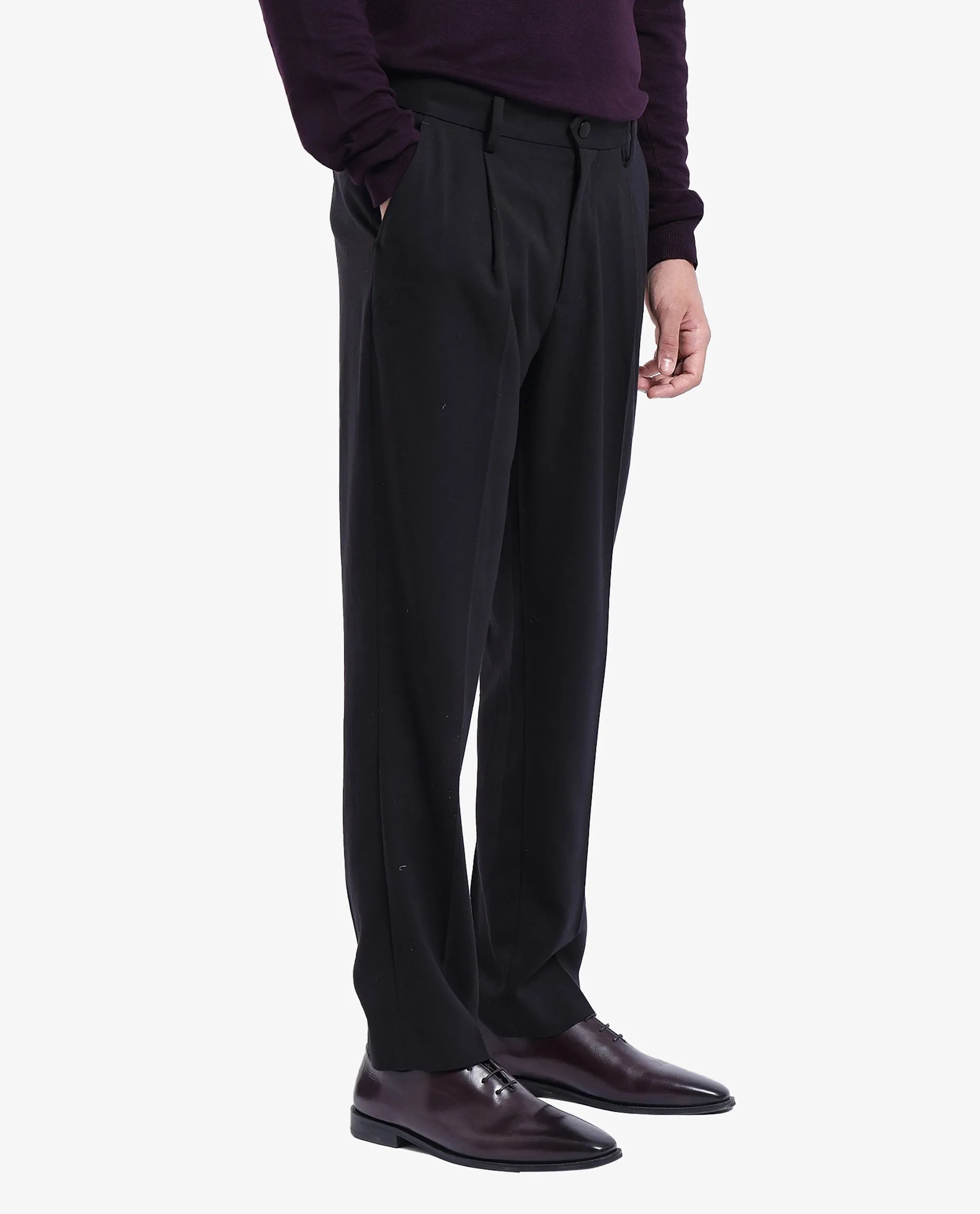 Rare Rabbit Men Branter Black Polyester Rayon Fabric Mid Rise Pleated Relaxed Fit Trouser