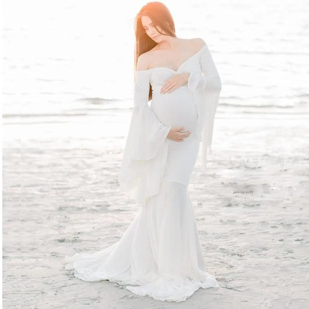 Sexy Maternity Trumpet Sleeve Cotton Dress for Photoshoot