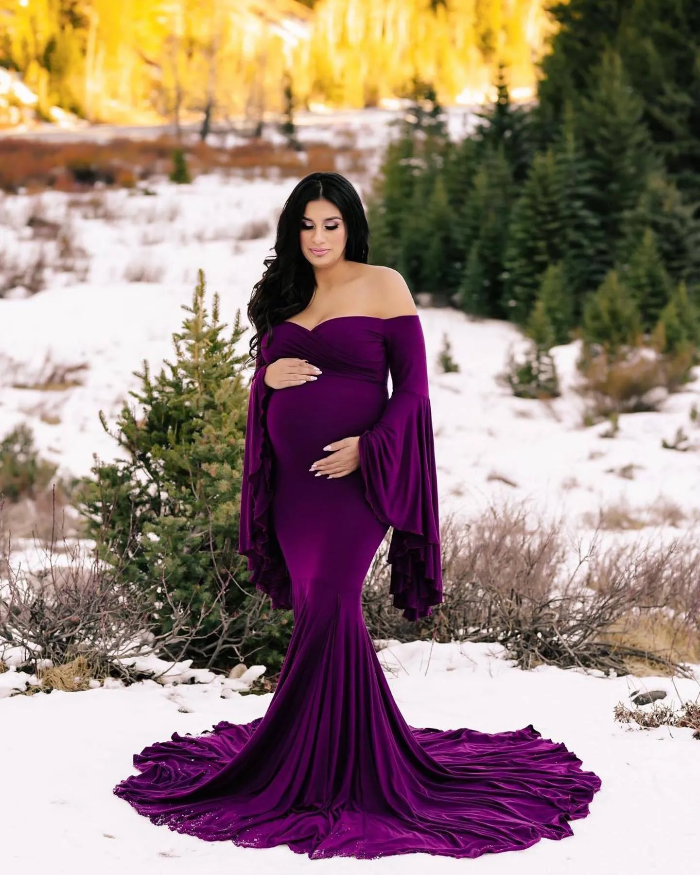 Sexy Maternity Trumpet Sleeve Cotton Dress for Photoshoot