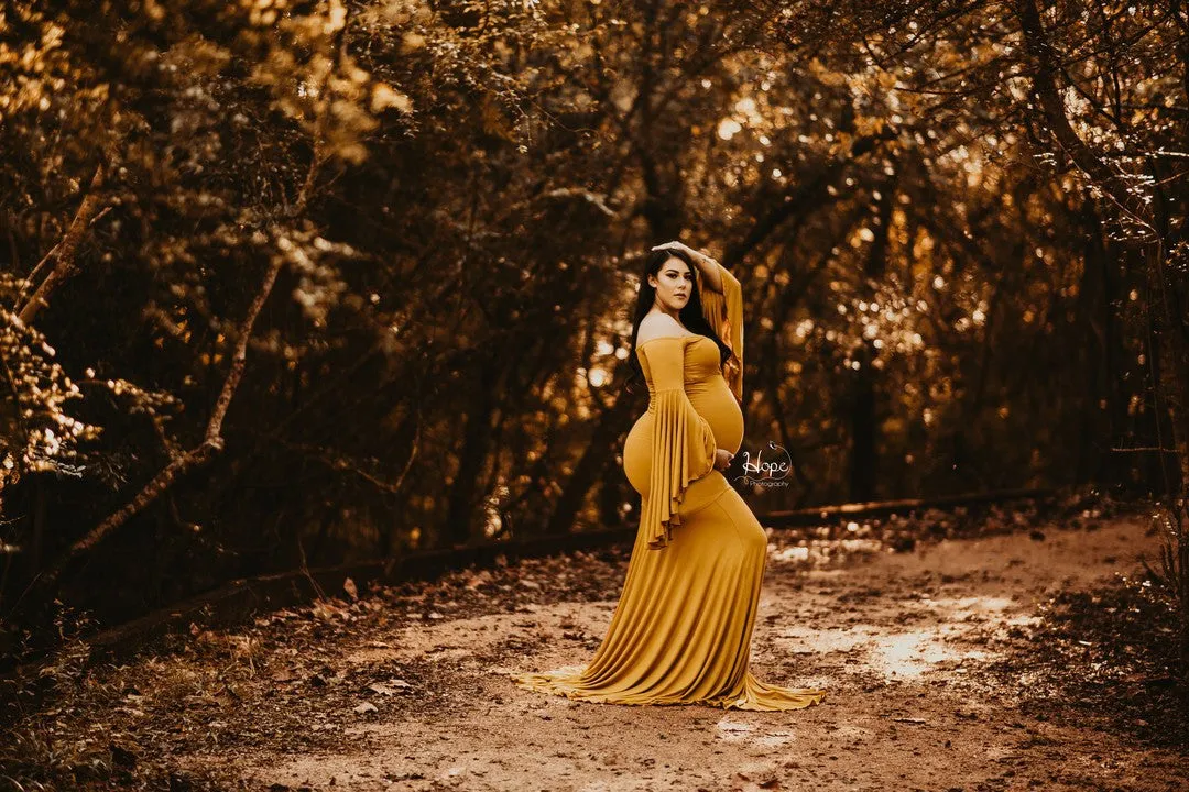 Sexy Maternity Trumpet Sleeve Cotton Dress for Photoshoot