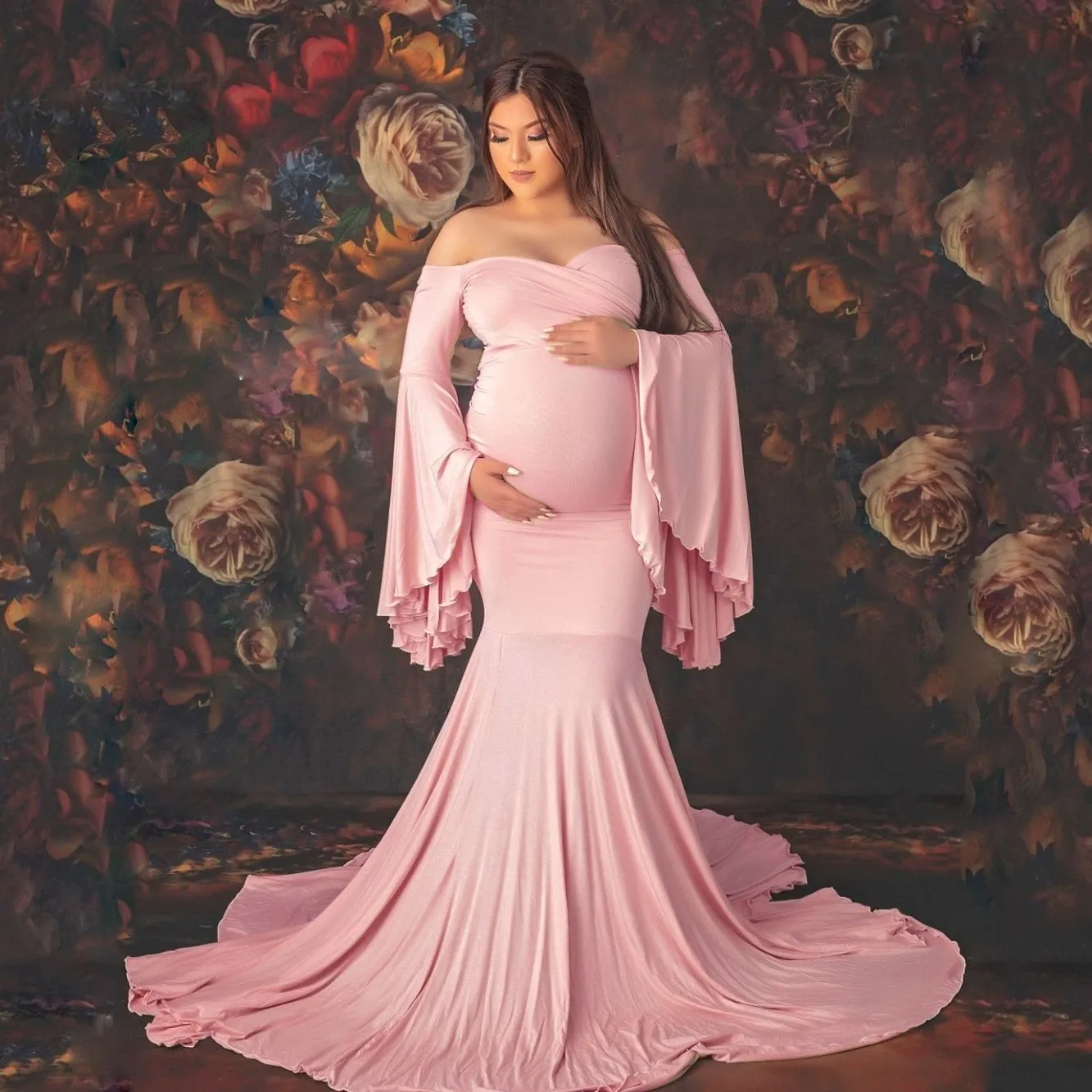 Sexy Maternity Trumpet Sleeve Cotton Dress for Photoshoot