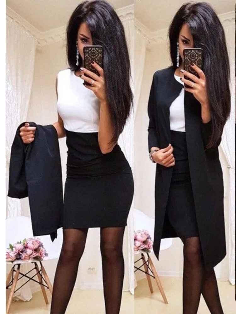 Solid color professional women's skirt set women's slim dress Office two-piece set