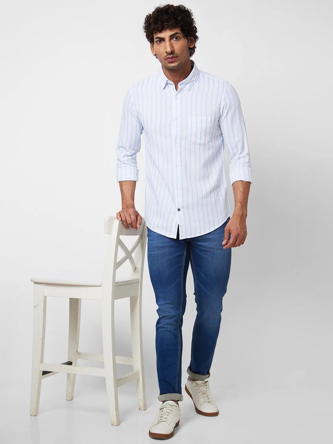 Spykar Blue STRIPED FULL SLEEVE Shirt For Men