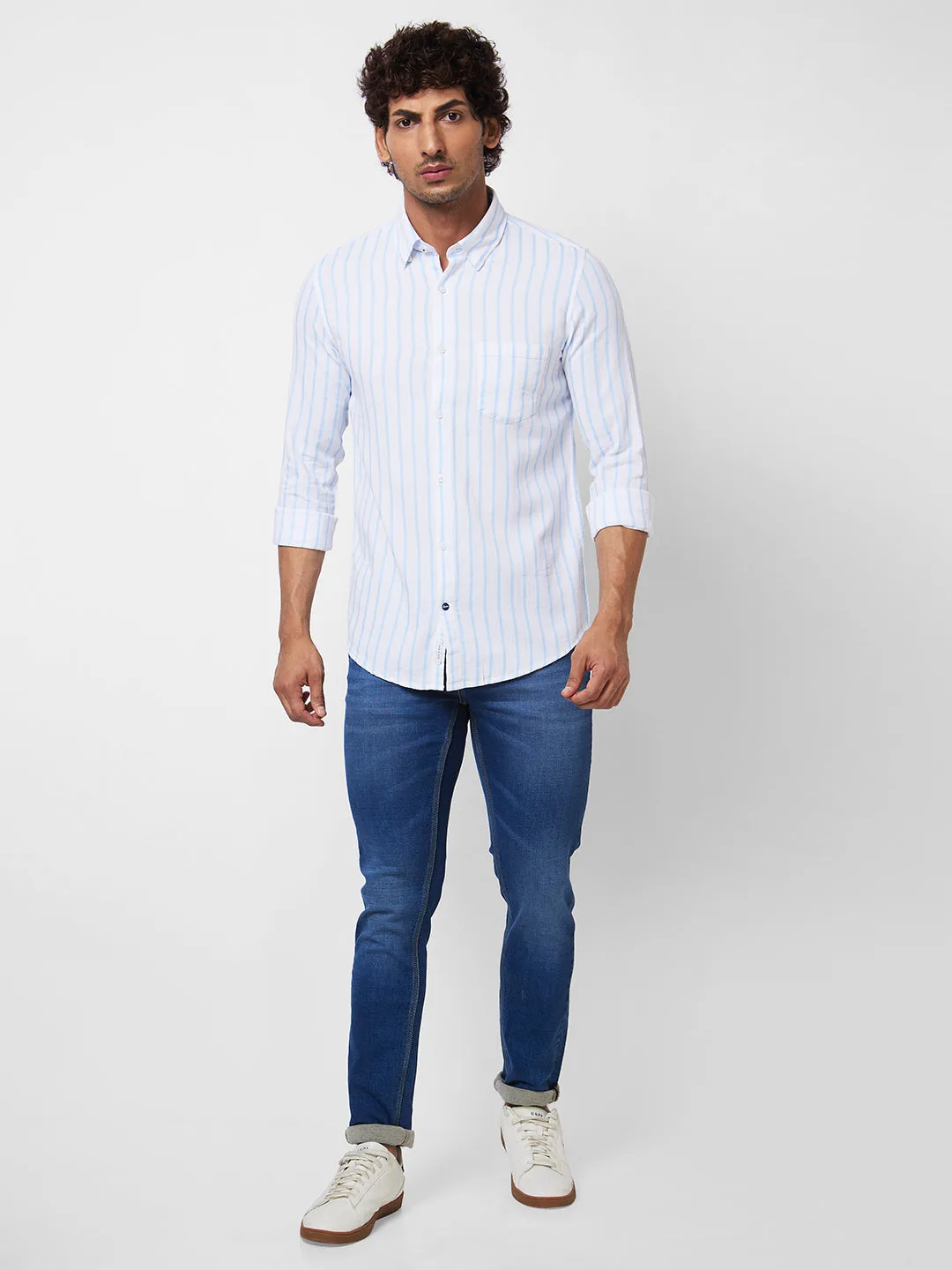 Spykar Blue STRIPED FULL SLEEVE Shirt For Men