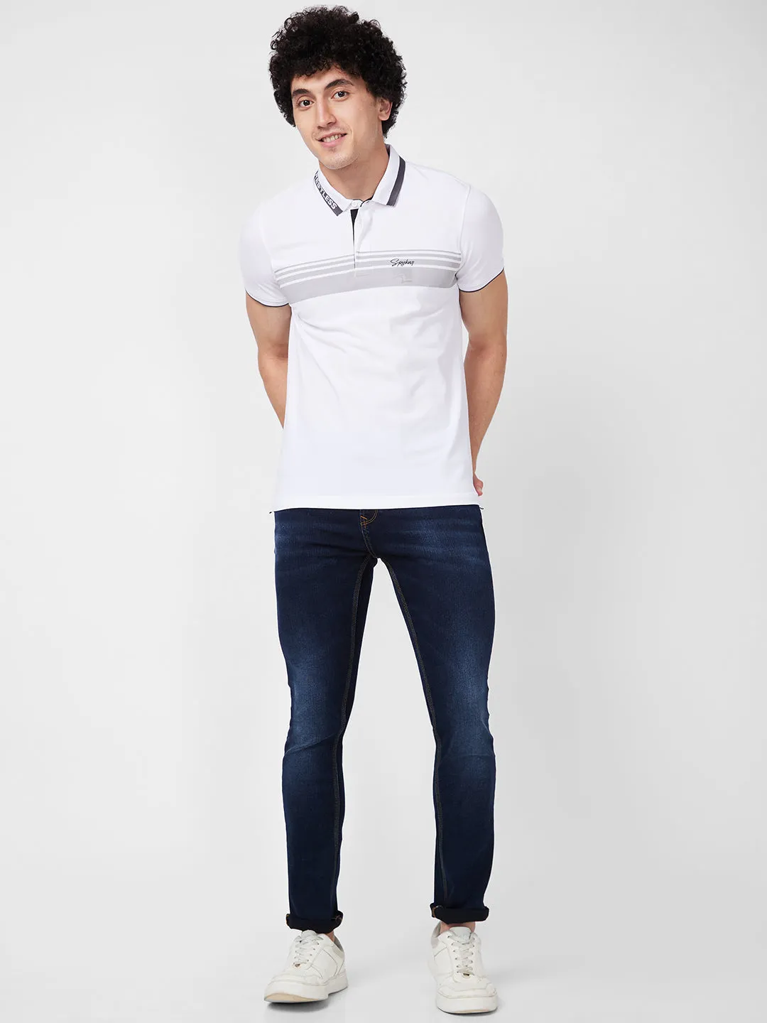 Spykar SLIM FIT White Polo T-shirt  For Men