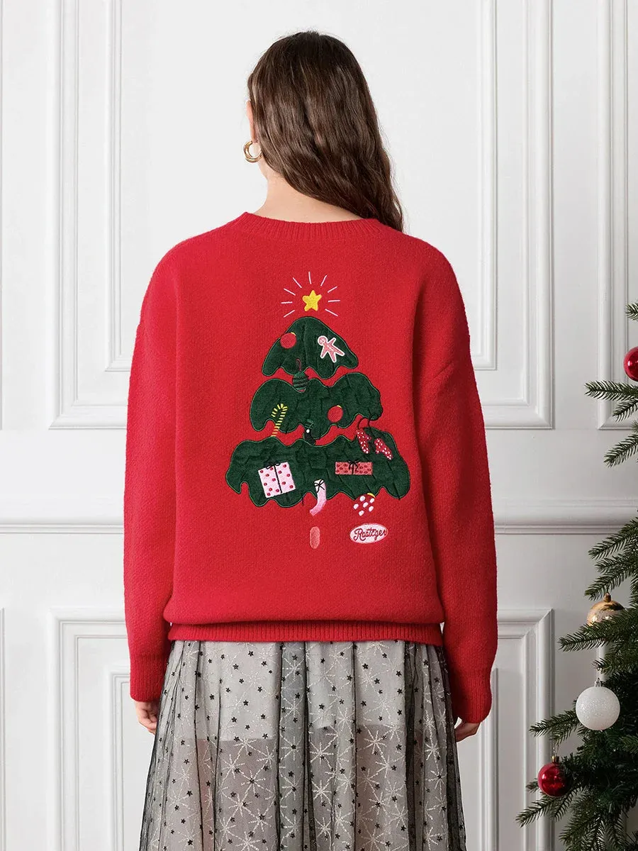 Wenkouban-Christmas Thanksgiving outfits_Drop Shoulder Long Sleeve Round Neck Christmas Tree Warm Christmas Sweater