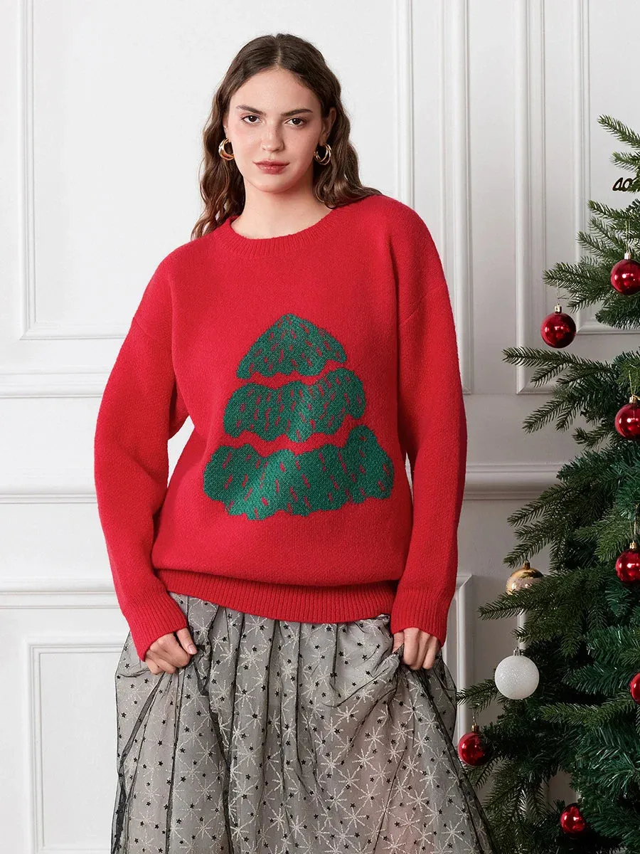 Wenkouban-Christmas Thanksgiving outfits_Drop Shoulder Long Sleeve Round Neck Christmas Tree Warm Christmas Sweater