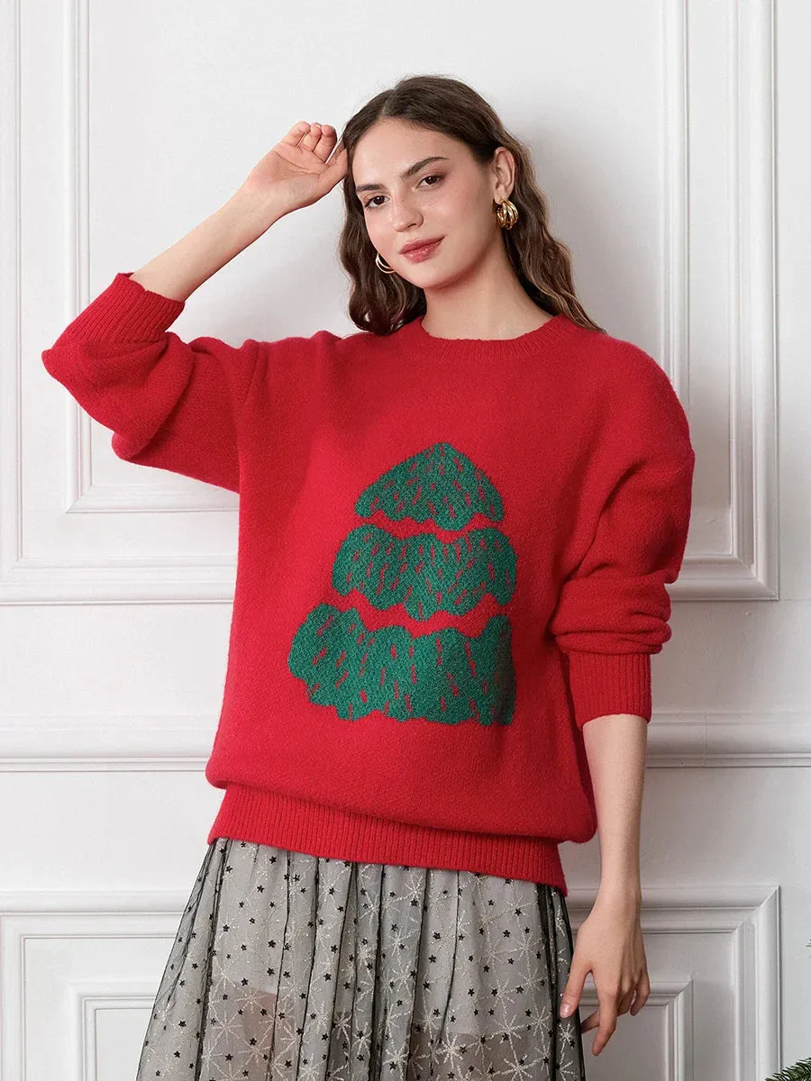 Wenkouban-Christmas Thanksgiving outfits_Drop Shoulder Long Sleeve Round Neck Christmas Tree Warm Christmas Sweater