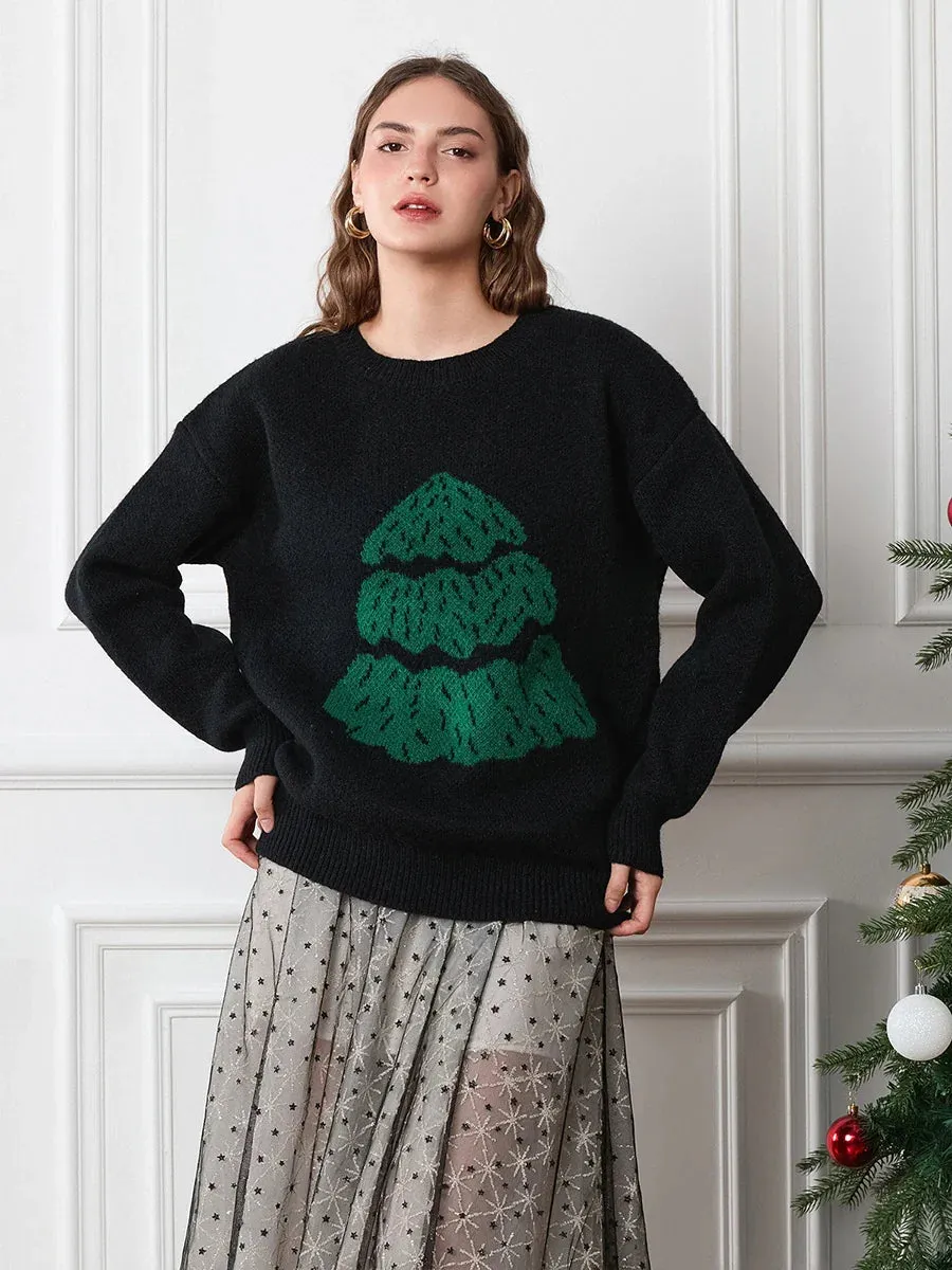 Wenkouban-Christmas Thanksgiving outfits_Drop Shoulder Long Sleeve Round Neck Christmas Tree Warm Christmas Sweater