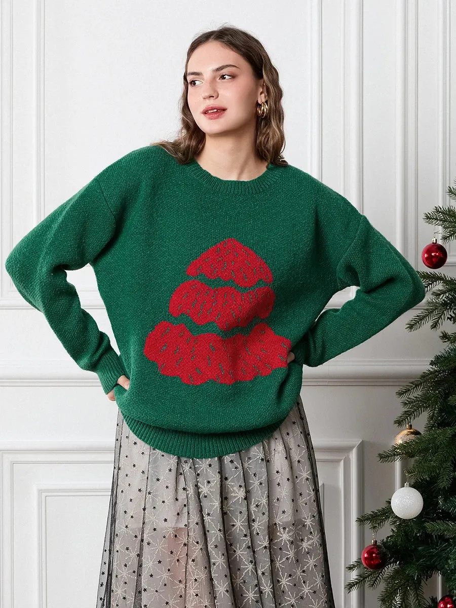 Wenkouban-Christmas Thanksgiving outfits_Drop Shoulder Long Sleeve Round Neck Christmas Tree Warm Christmas Sweater